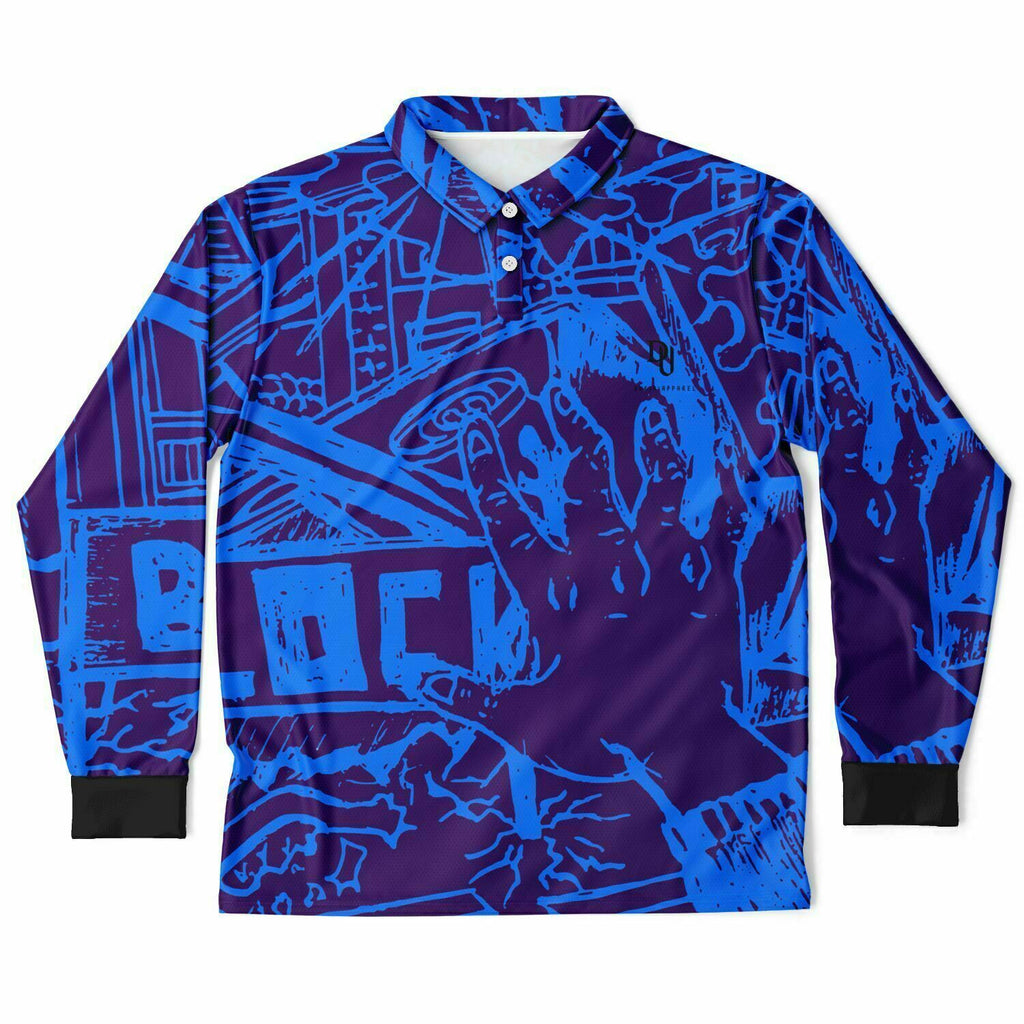 A purple and blue polo shirt with a geometric pattern featuring urban-themed graphics.