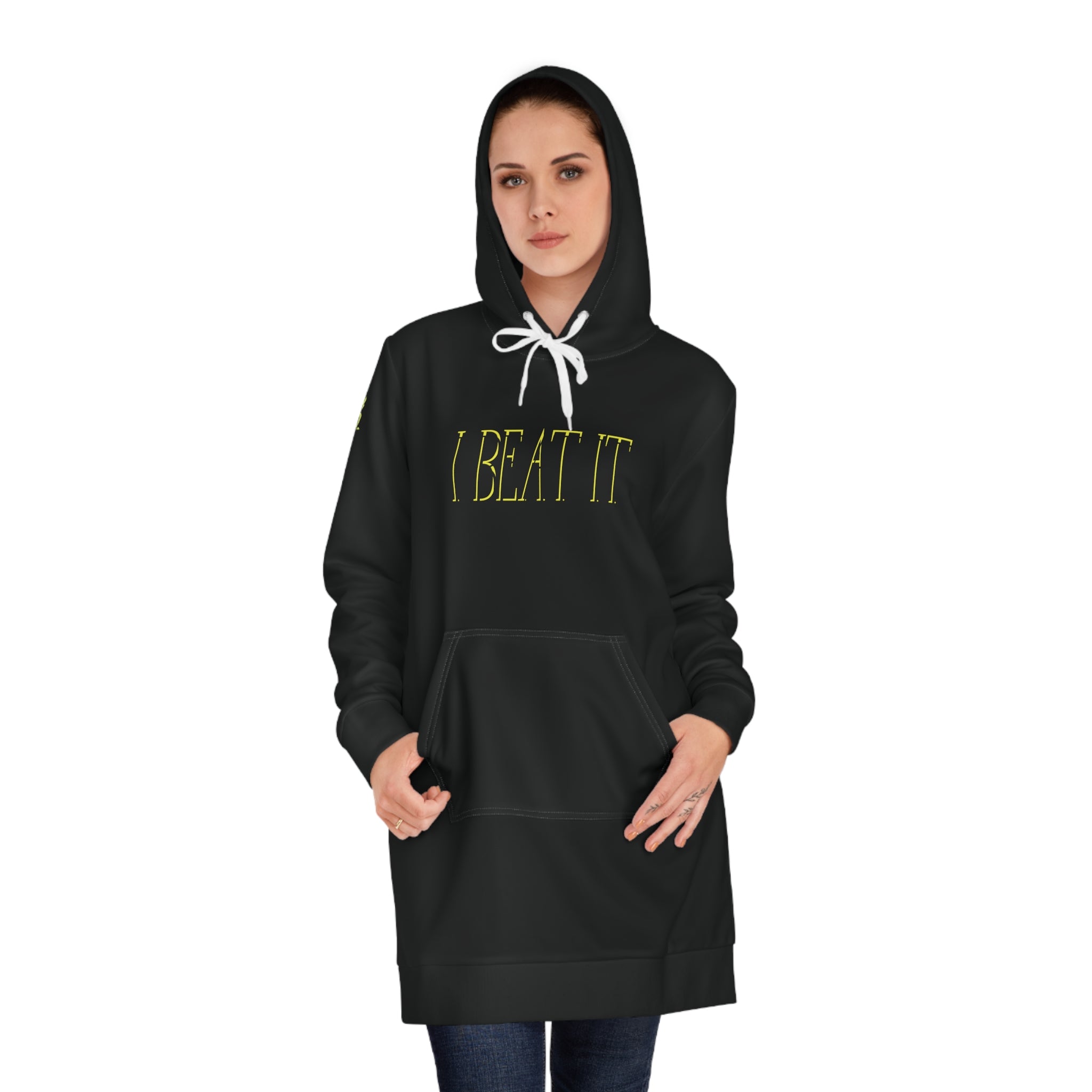 Women's Black Hoodie Dress-No fear Yellow Illustration