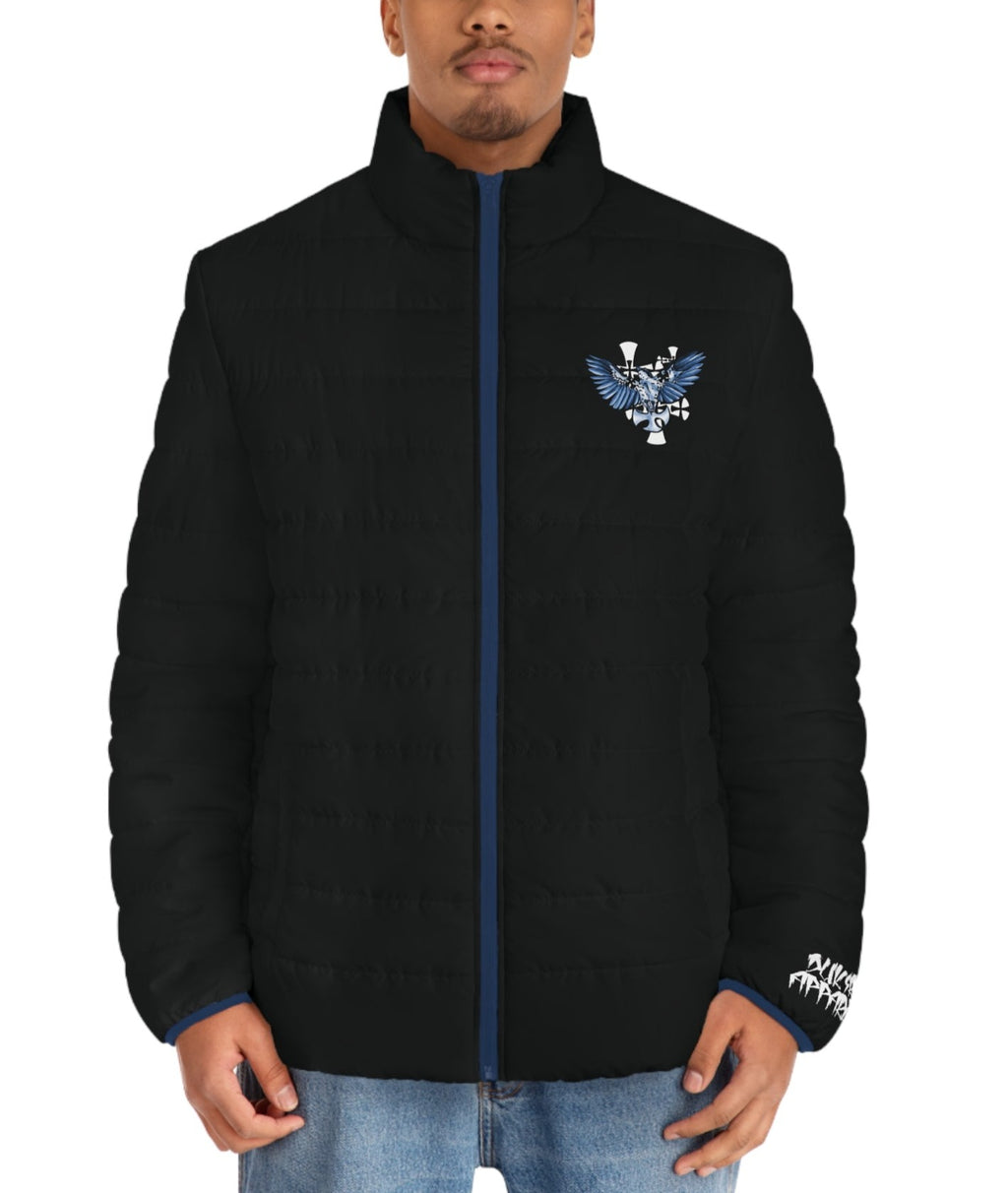 Men's Black Puffer Jacket-Mockingbird Graphic Print