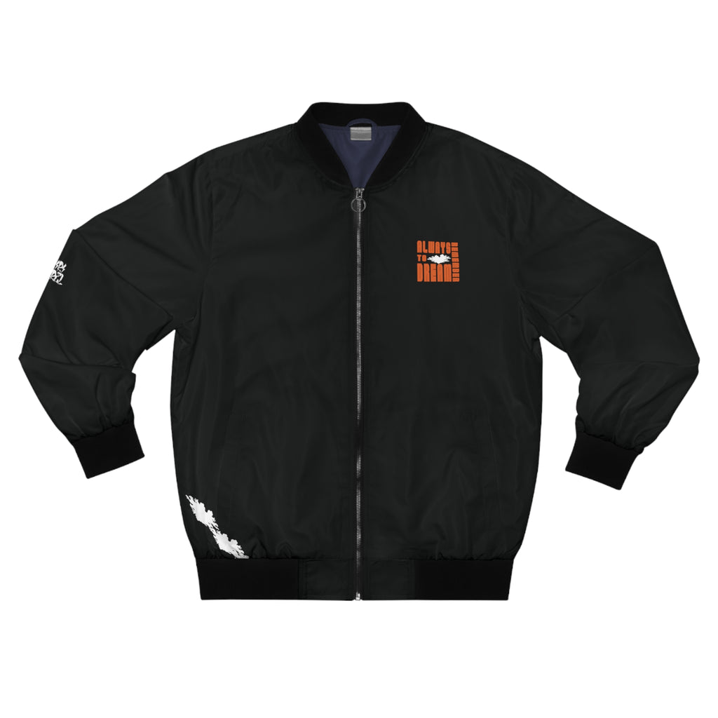 Men's Black Bomber Jacket Orange Print saying always remember to dream