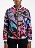 Multicolored bomber jacket with abstract design on a white background