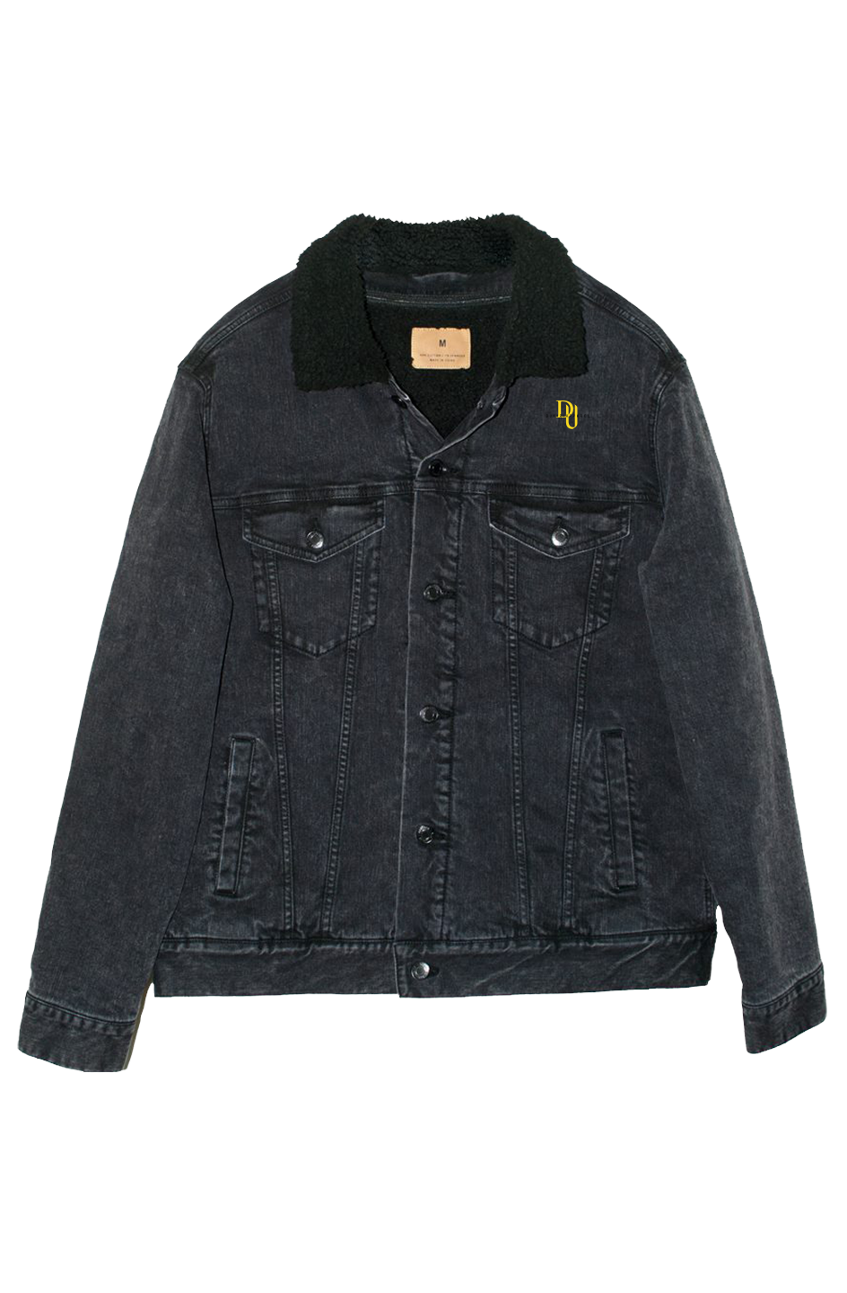 Black denim sherpa jacket- Embroidered "I Beat it" Print