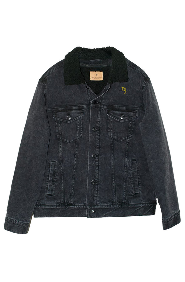 Black denim sherpa jacket- Embroidered "I Beat it" Print