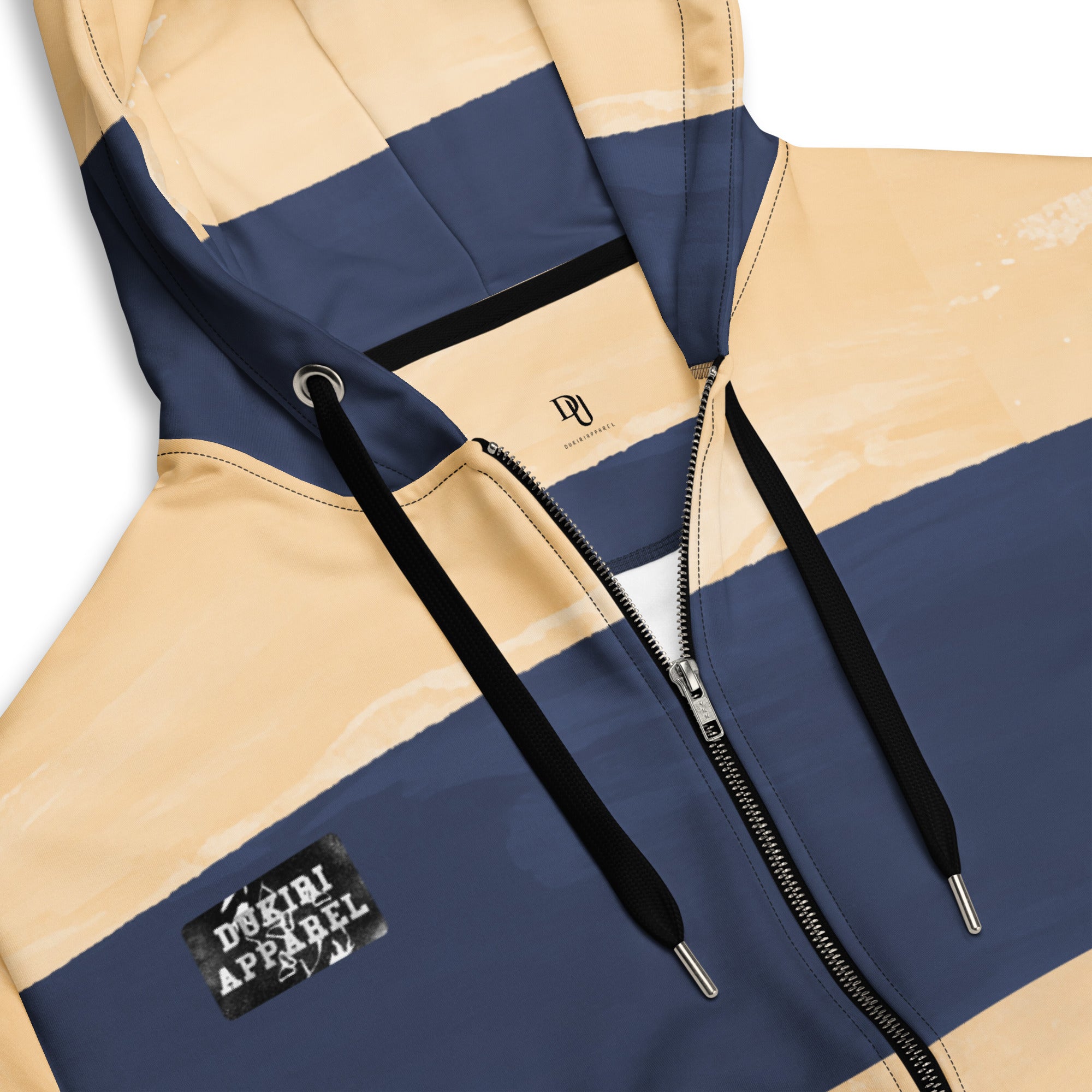 Brushed Blue-Cream Panel Unisex Premium Zip-up hoodie close up