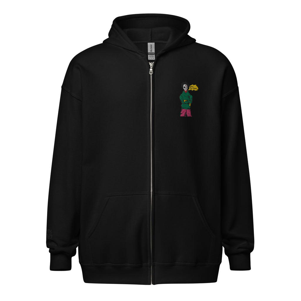 Casual black zip-up hoodie with an embroidered ivan design for a streetwear and casual look