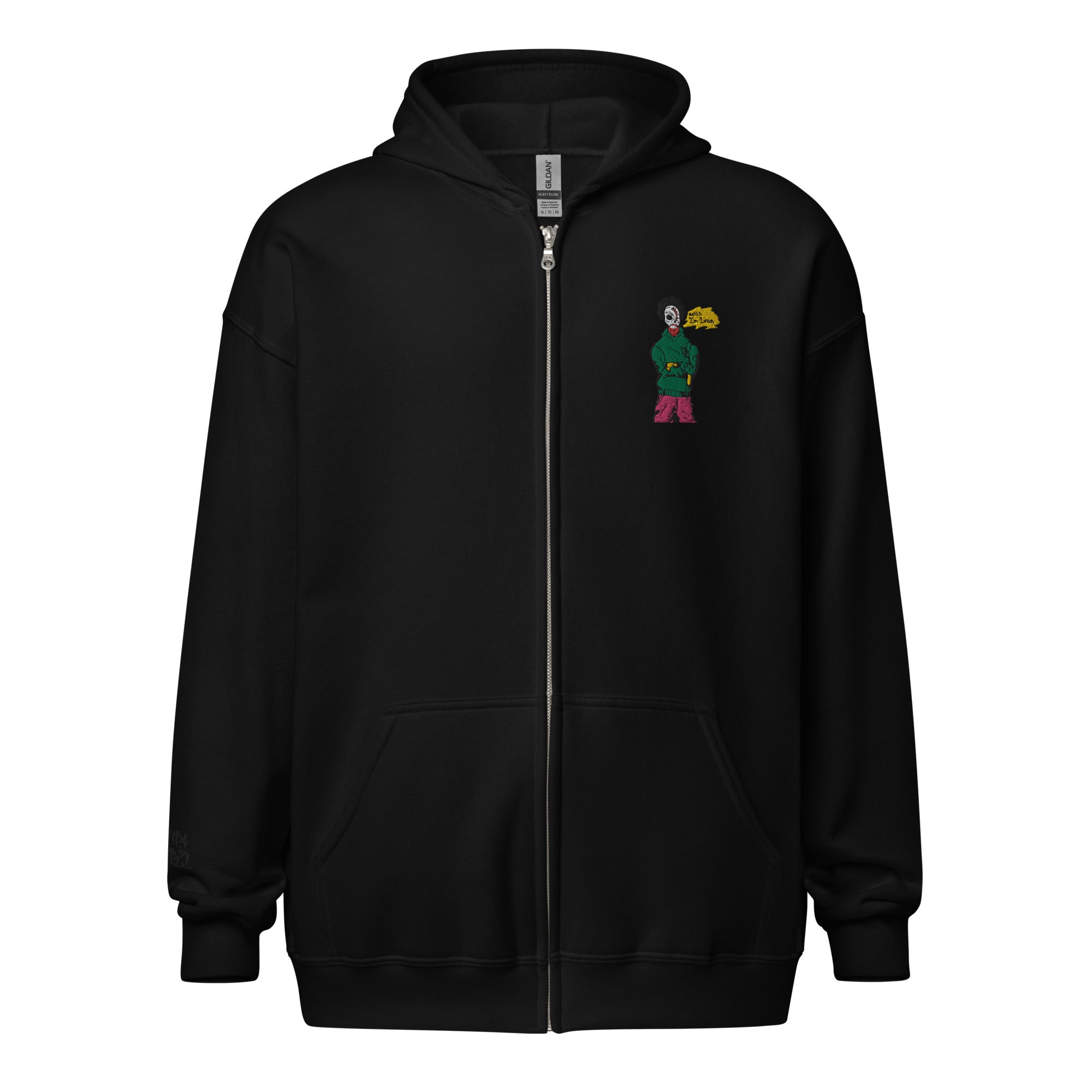 Casual black zip-up hoodie with an embroidered ivan design for a streetwear and casual look