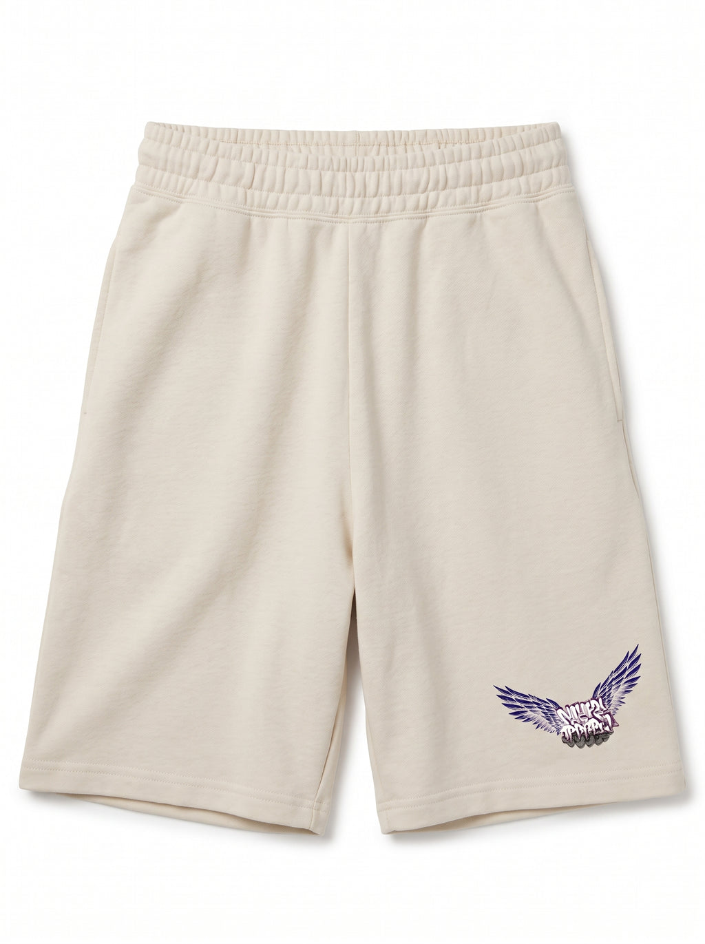 Beige athletic shorts with an elastic waistband and a purple embroidered eagle logo on the lower left leg, shown against a plain white background.