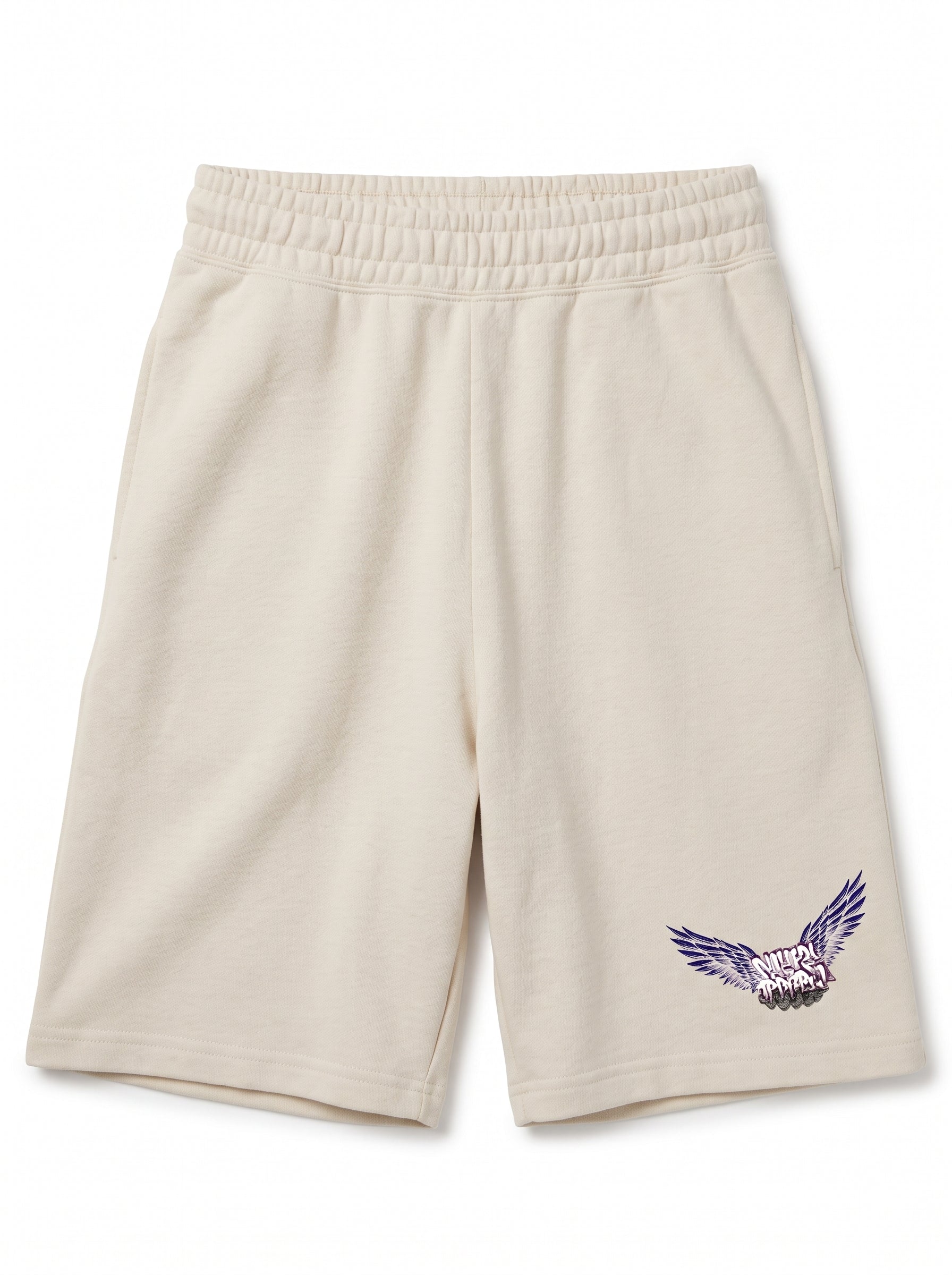 Beige athletic shorts with an elastic waistband and a purple embroidered eagle logo on the lower left leg, shown against a plain white background.