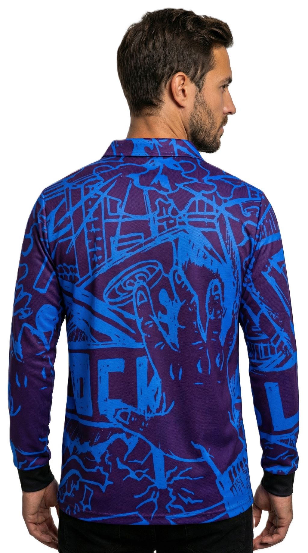 Man wearing a blue and purple patterned shirt on a white background