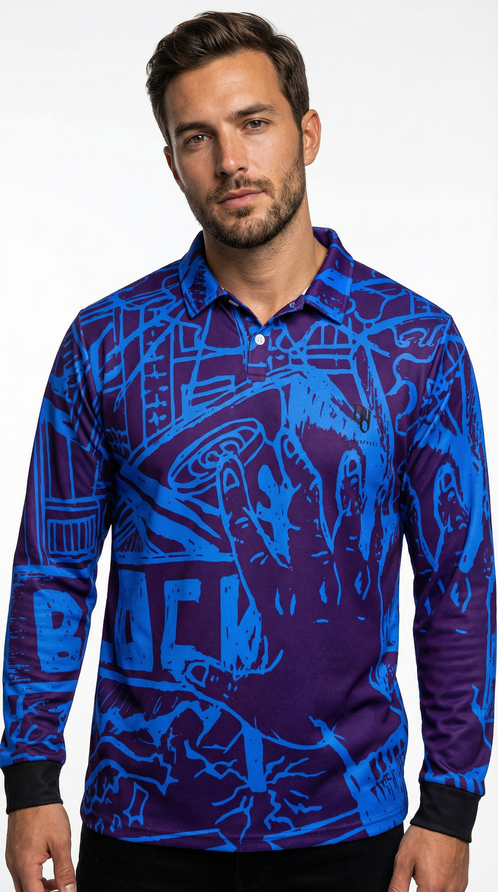 Man wearing a blue and purple patterned shirt on a white background