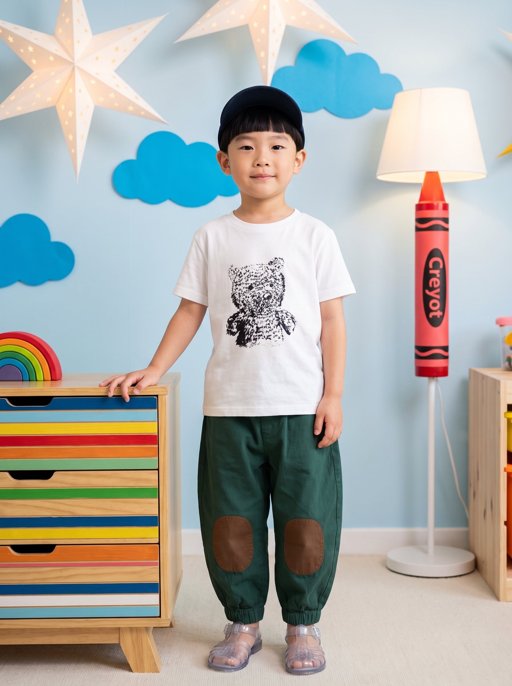 A young child wearing a white graphic t-shirt with a black bear print, dark green pants with brown knee patches, and a black cap, standing in a decorated children's room.