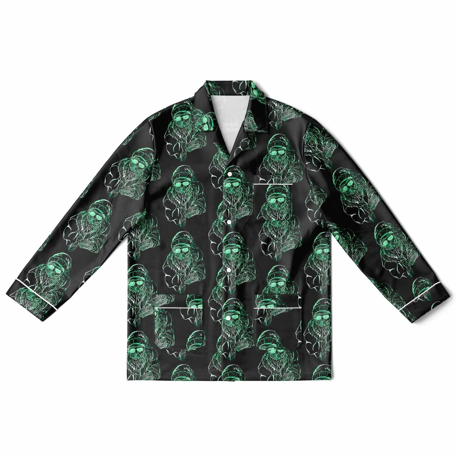 Black shirt with green alien pattern on a white background