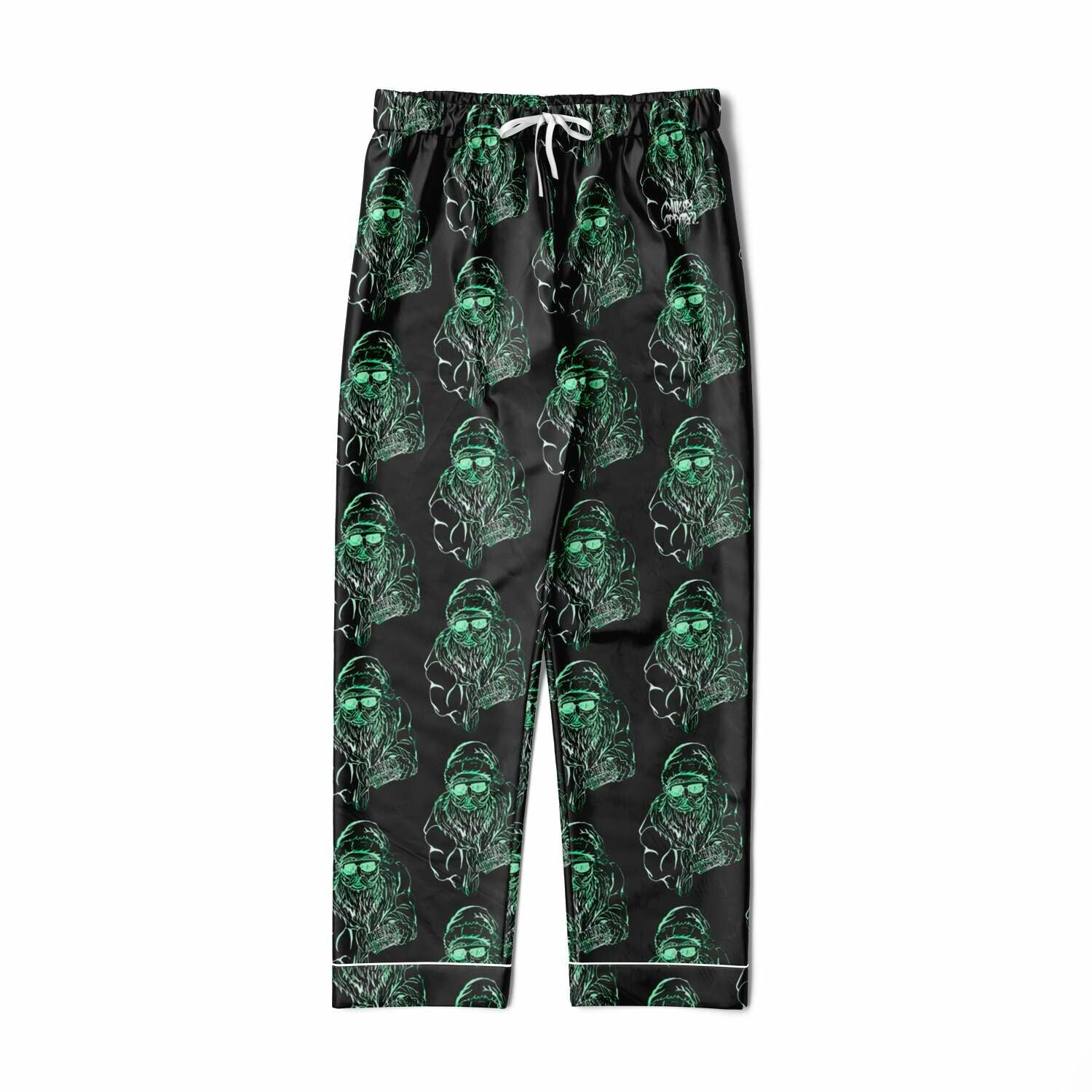 Black pajama pants with green alien pattern on a white background