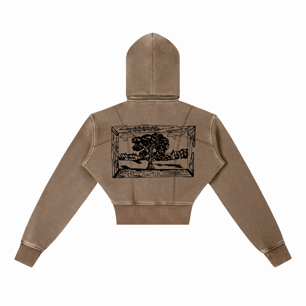 Brown hoodie with Iroko tree landscape on the back against a white background