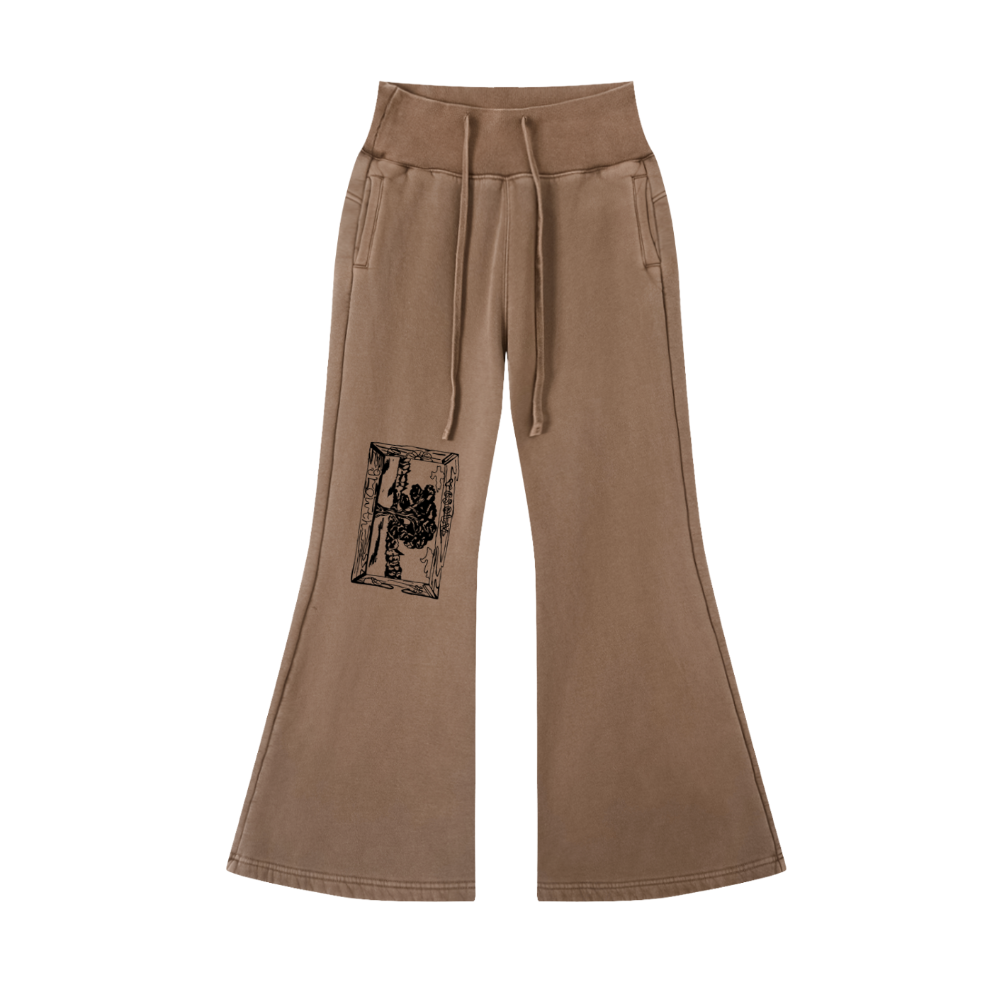 A pair of wide-leg brown sweatpants featuring a drawstring waist, side pockets, and a black graphic patch on one leg, displayed against a solid white background.