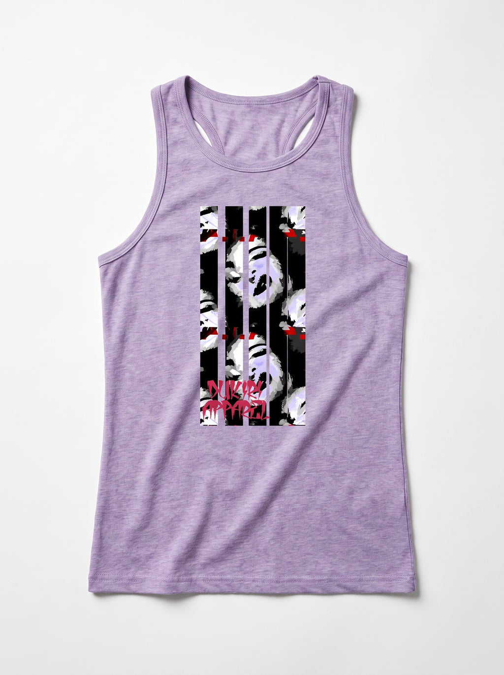 A heather purple racerback tank top featuring a vertical graphic print on the front with a black and white striped pattern, stylized faces, and red text reading 'CULTURE IS REVOLVED'.