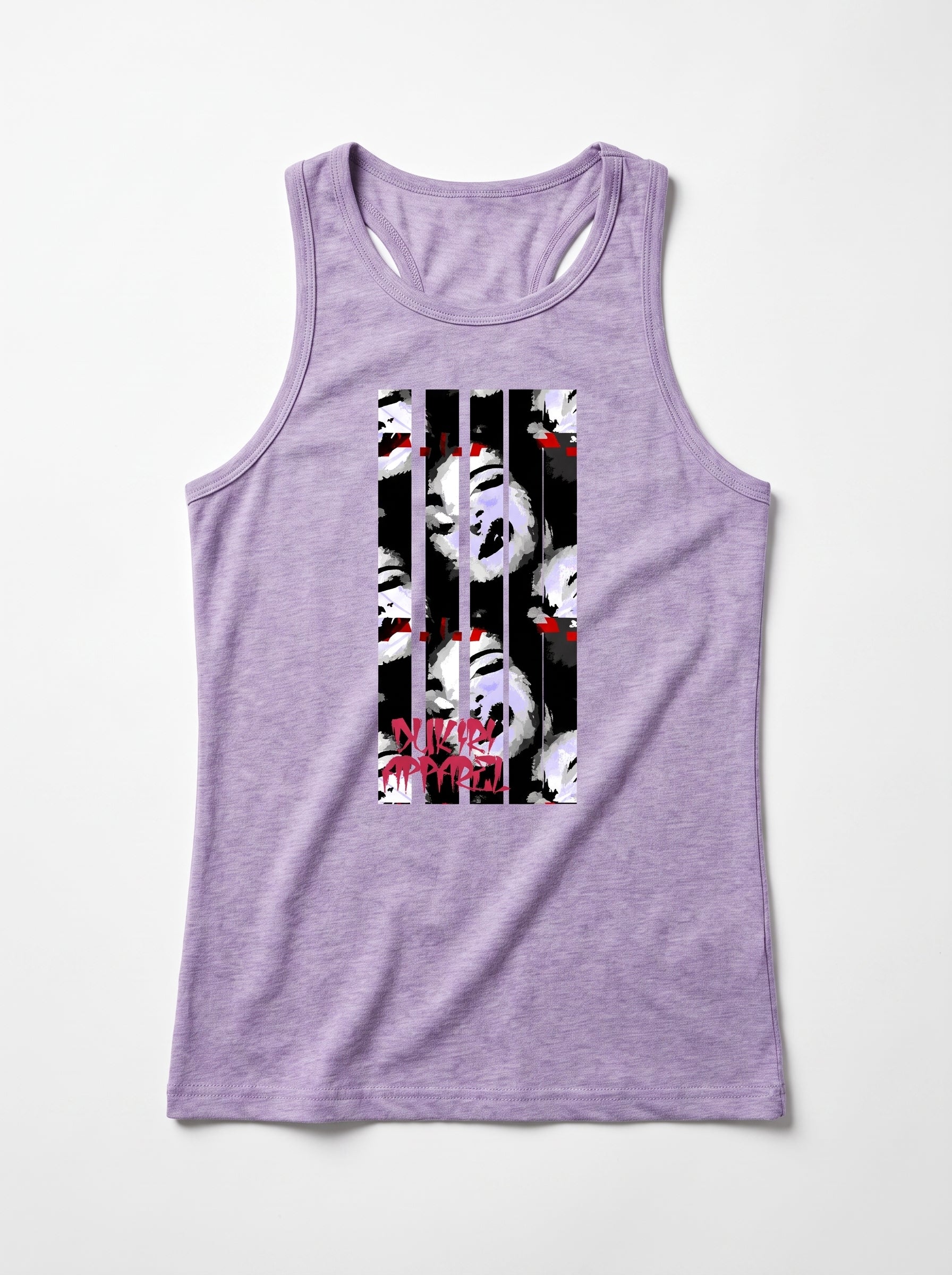 A heather purple racerback tank top featuring a vertical graphic print on the front with a black and white striped pattern, stylized faces, and red text reading 'CULTURE IS REVOLVED'.