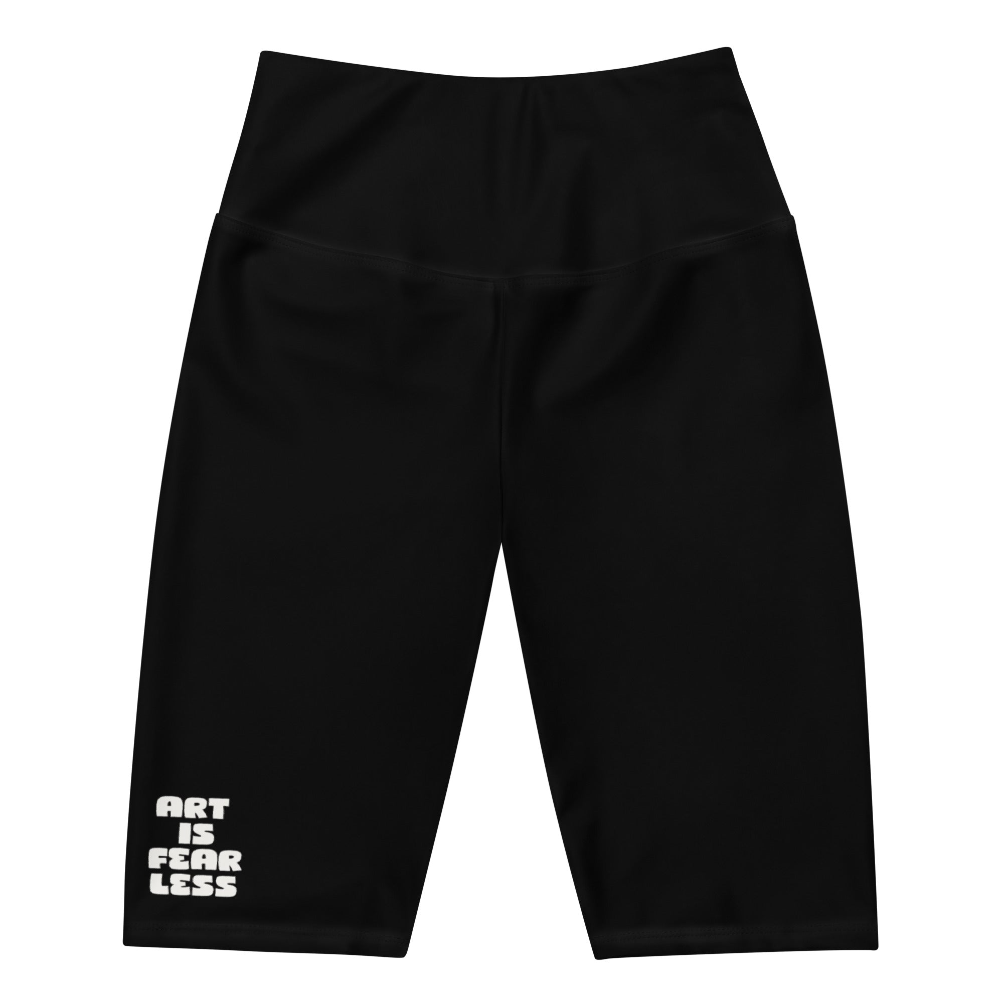 Black pants with 'Art is Fear Less' text on a white background