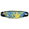 A yellow fanny pack with a geometric pattern featuring a turtle graphic, black straps, and a top zipper with two sliders.