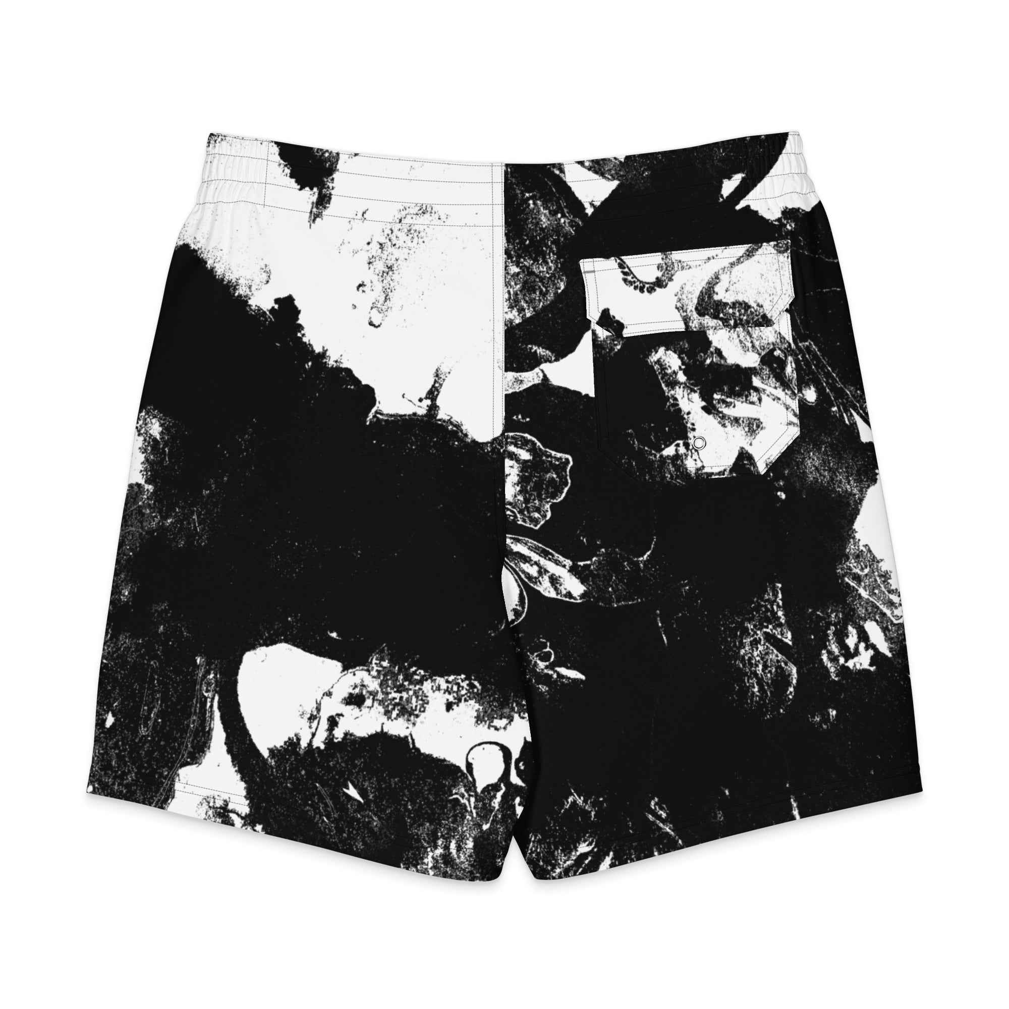 Black and white patterned shorts on a white background