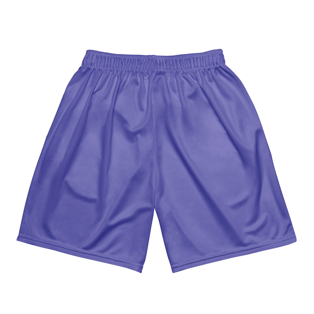 Athletic purple mesh shorts with elastic waistband and drawstring, featuring side pockets and breathable fabric texture.