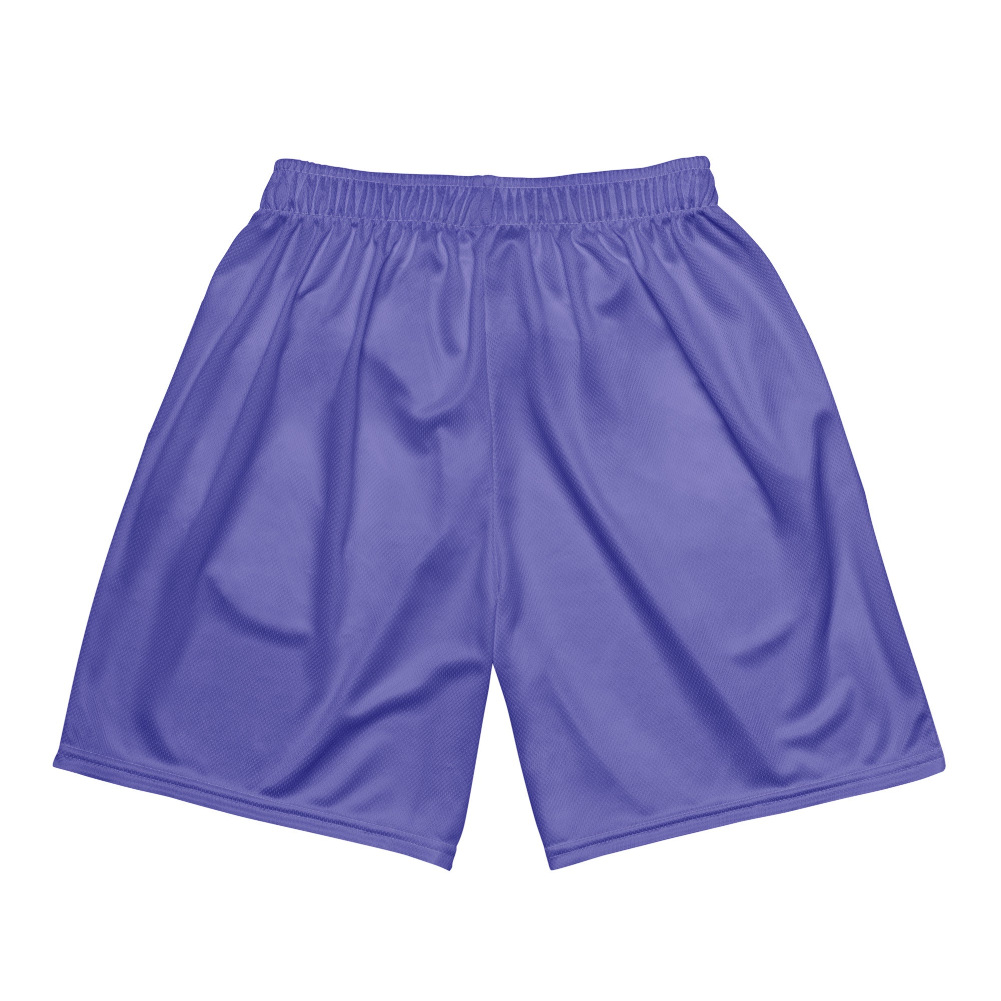Athletic purple mesh shorts with elastic waistband and drawstring, featuring side pockets and breathable fabric texture.