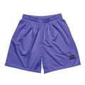 Athletic purple mesh shorts with elastic waistband and drawstring, featuring side pockets and breathable fabric texture.