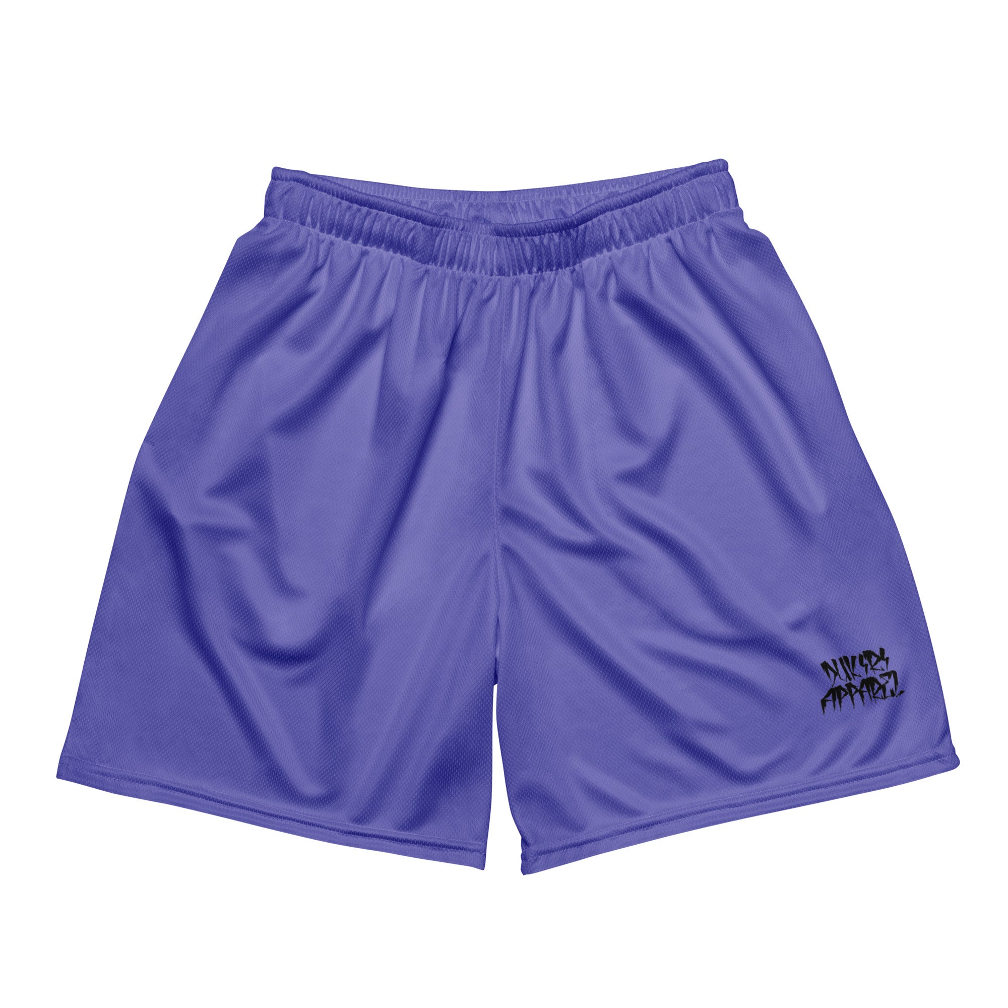 Athletic purple mesh shorts with elastic waistband and drawstring, featuring side pockets and breathable fabric texture.