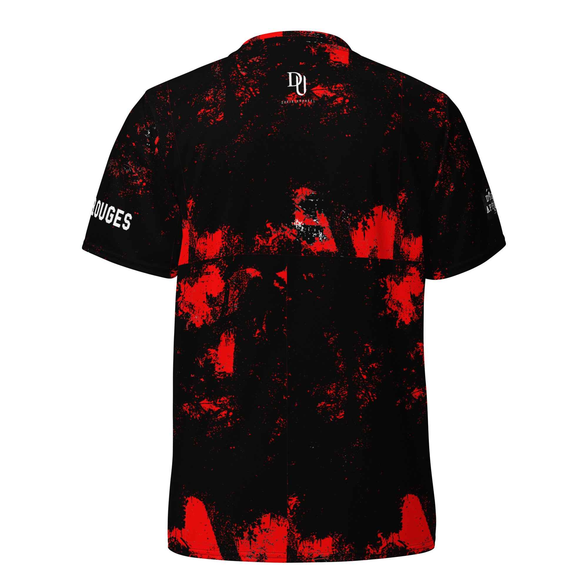 Black t-shirt with red splatter design on a white background