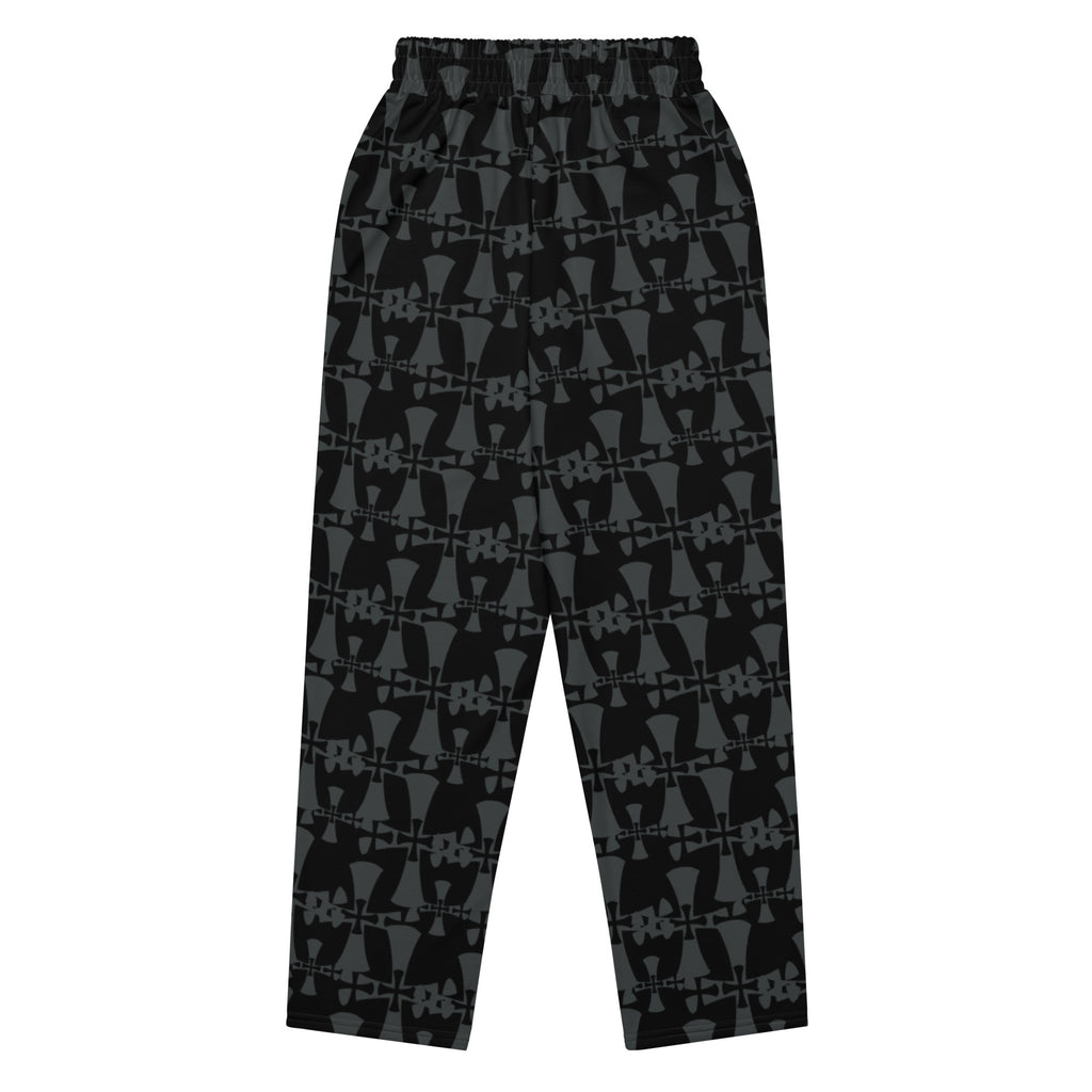crusaders wide leg premium joggers in grey and back. Cross patterns all over print flat lay.