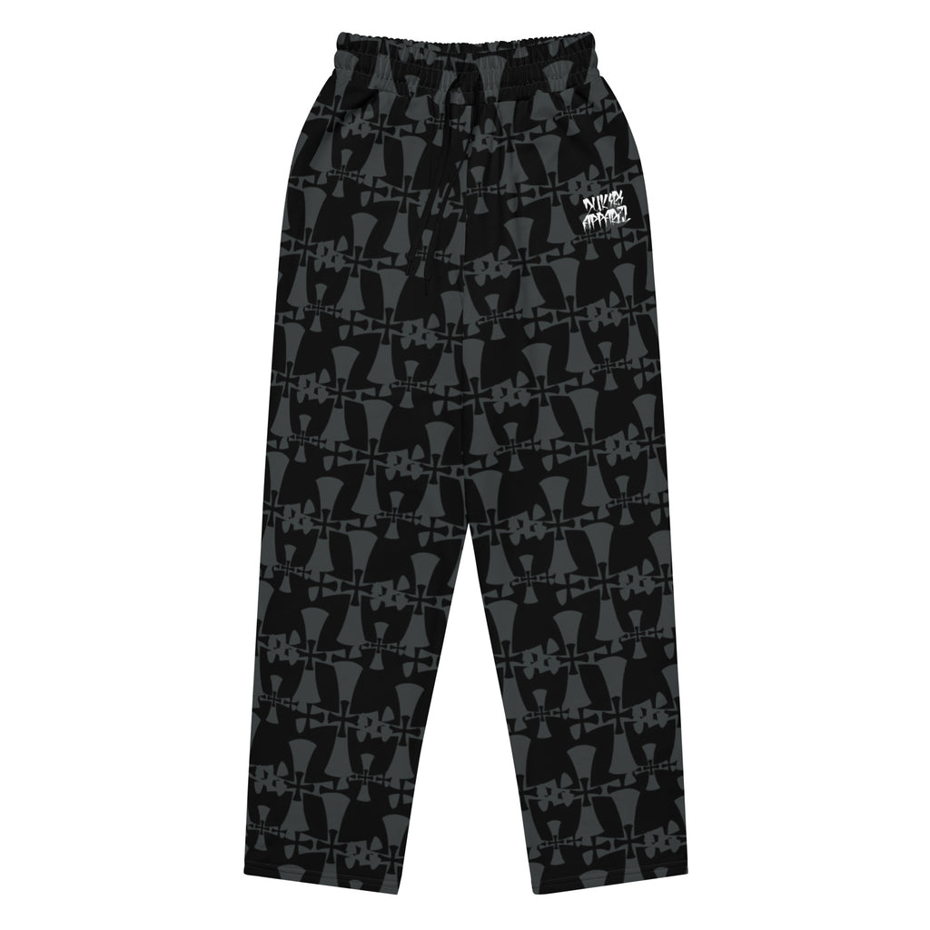 crusaders wide leg premium joggers in grey and back. Cross patterns all over print flat lay.