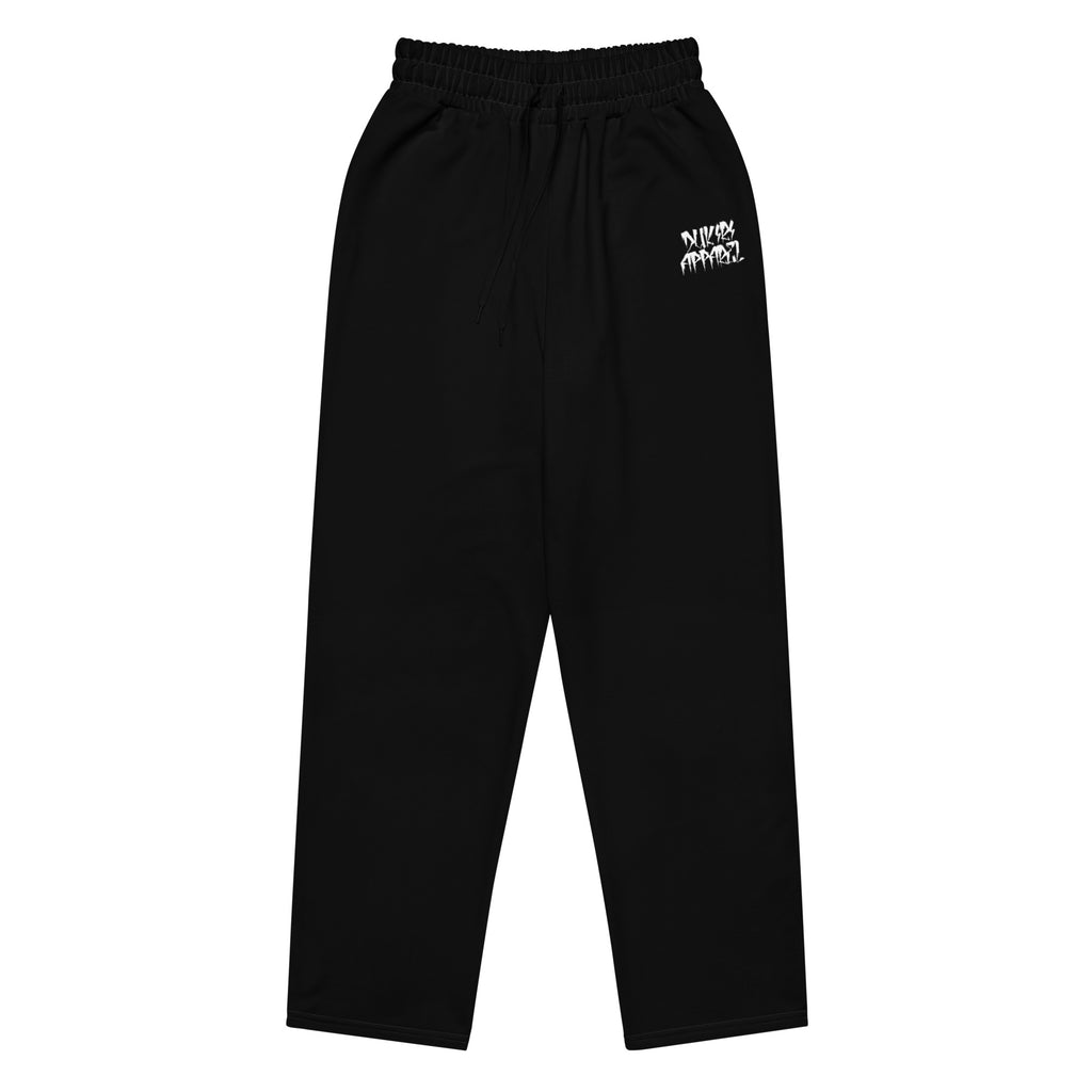 Black sweatpants with a logo on a white background