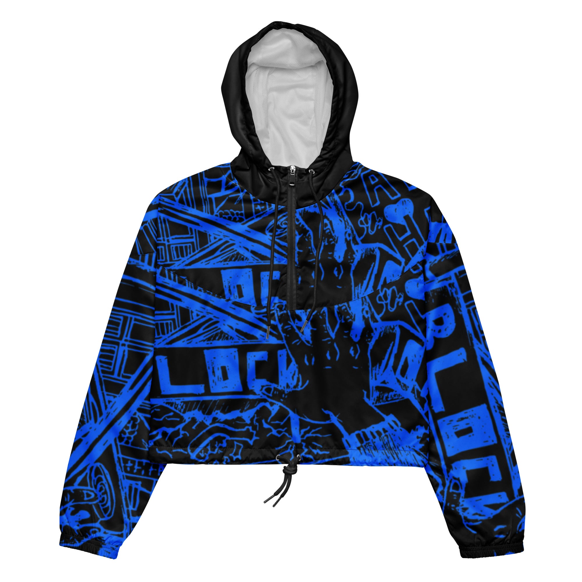 A cropped windbreaker jacket with blue and black geometric pattern, featuring a hood, adjustable drawstrings, and side slits on the pockets.