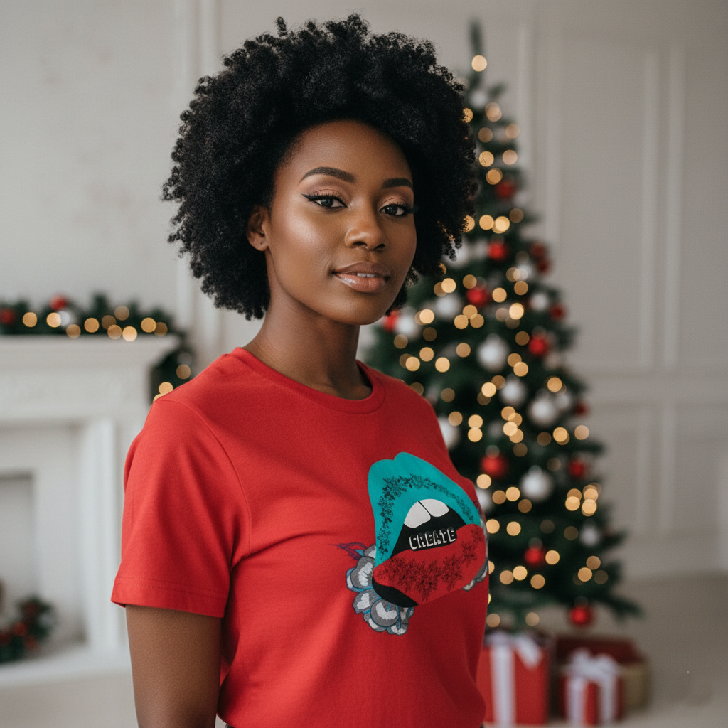 Woman wearing a red shirt with a graphic design in a festive room with Christmas tree and presents.
