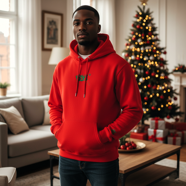 Man wearing a red hoodie in a living room with a Christmas tree and presents.