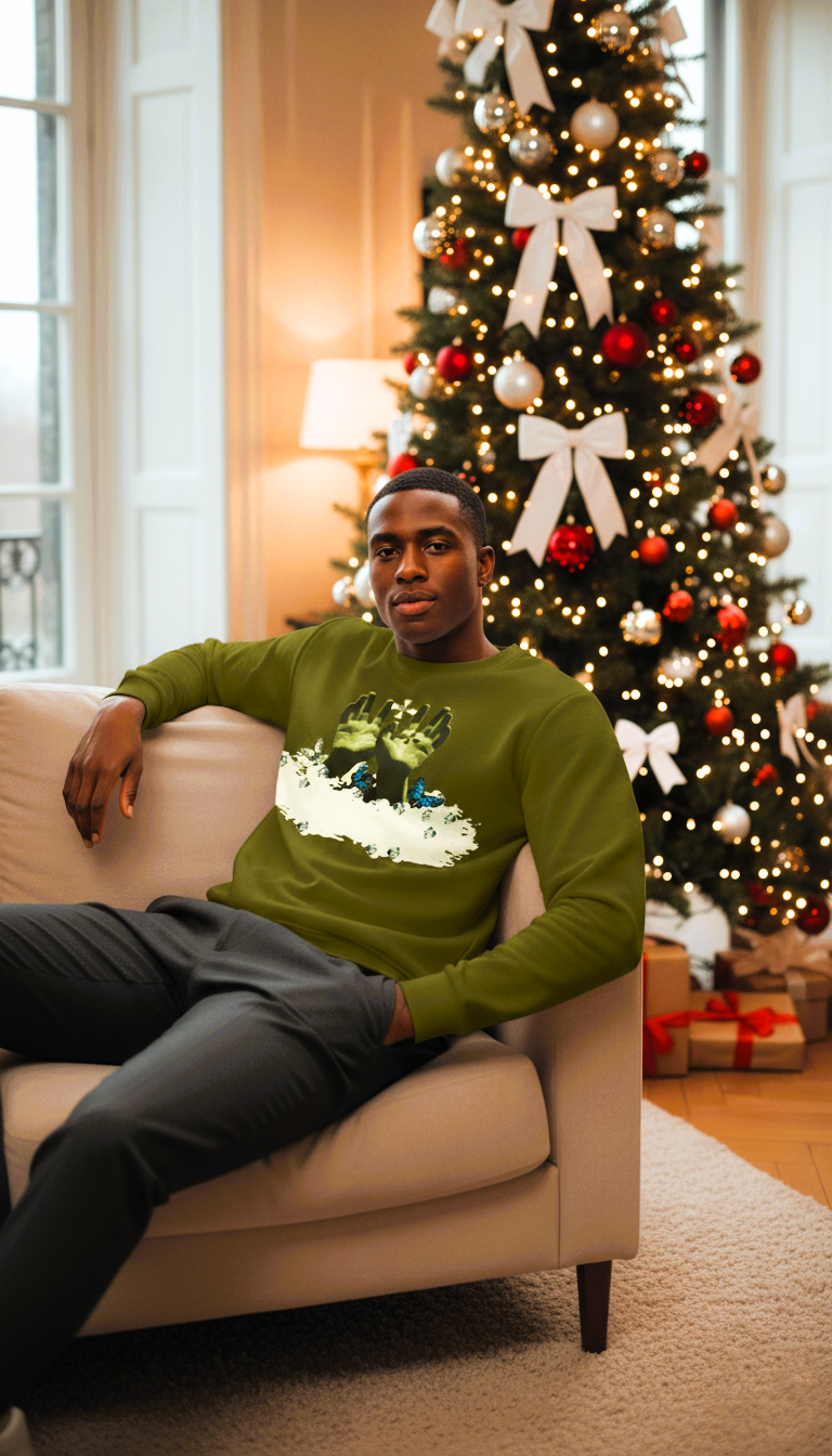 Man sitting on a couch in a living room with a decorated Christmas tree in the background.