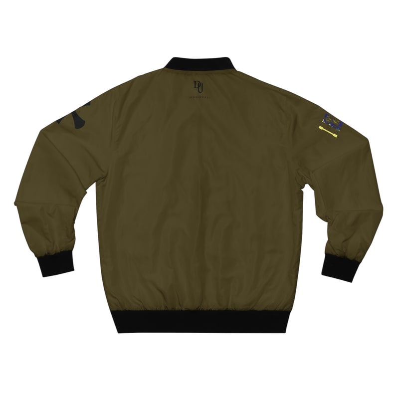 Green bomber jacket with black cuffs and collar on a white background