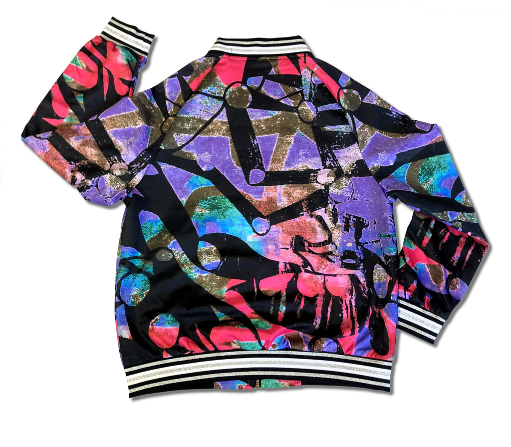 Colorful abstract-patterned jacket on a white background