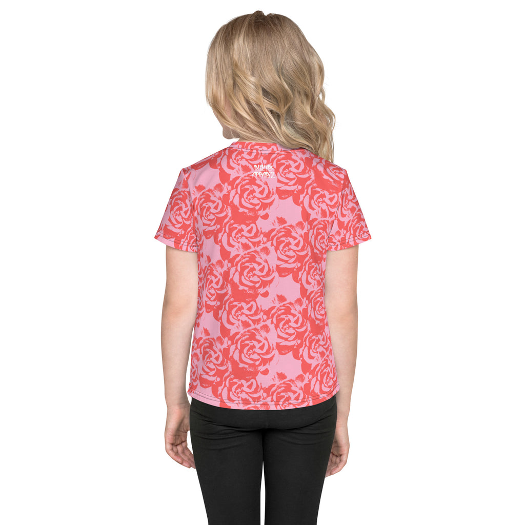 dukiri-apparel-all-over-print-kids-red-rose-pink-crew-neck-t-shirt-look-back