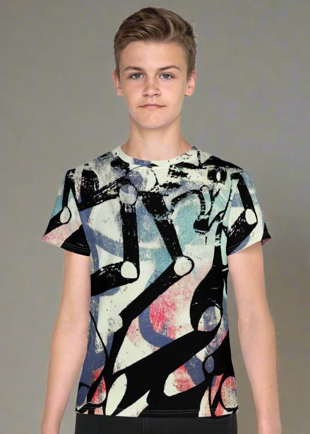 dukiri-apparel-all-over-print-robot-arms-graffiti-youth-crew-neck-t-shirt-garment-front