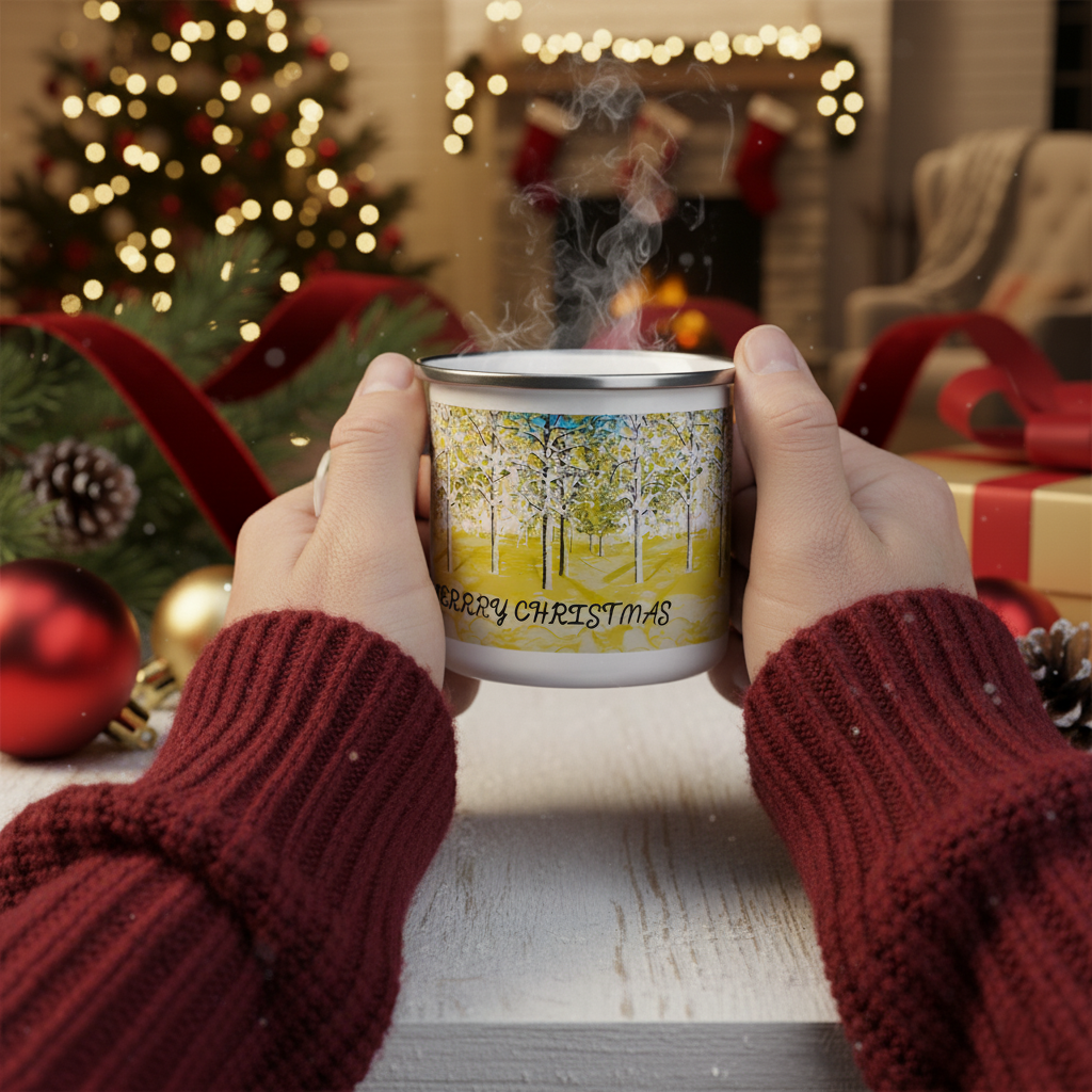 Person holding a steaming mug with a Christmas tree design, surrounded by festive decorations.