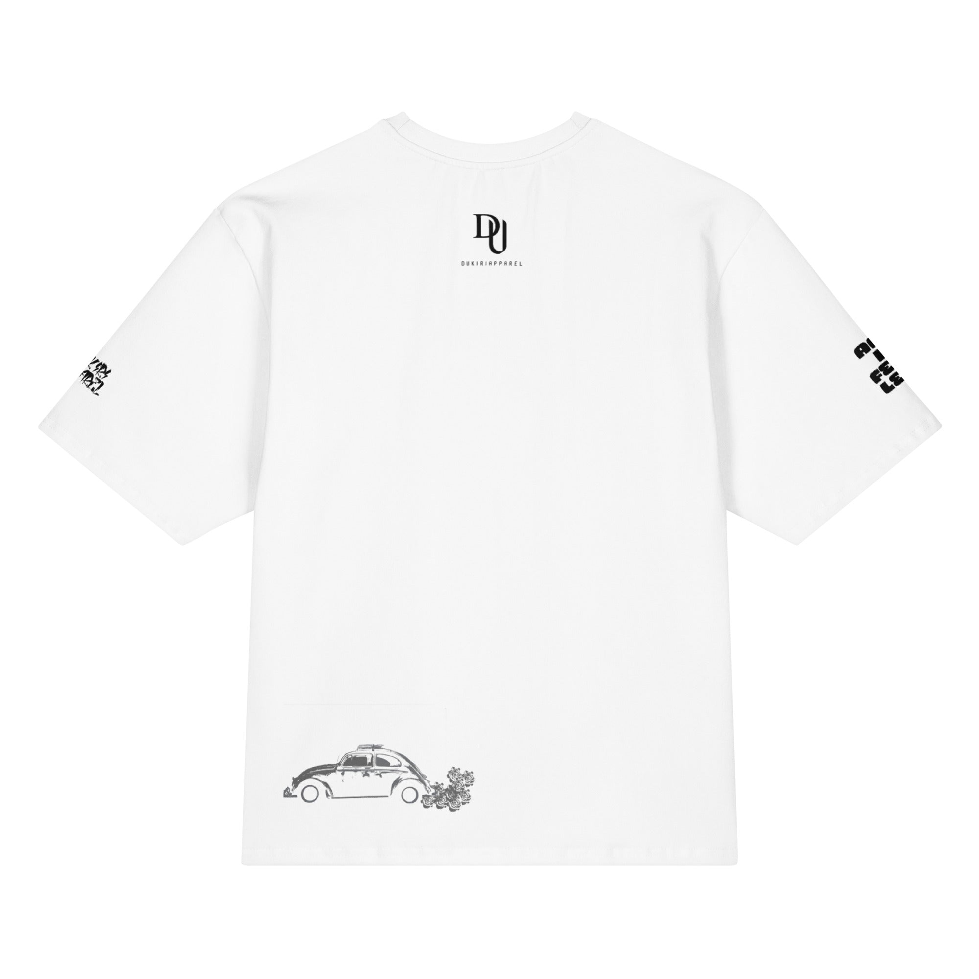 White t-shirt with black graphics and text on a white background