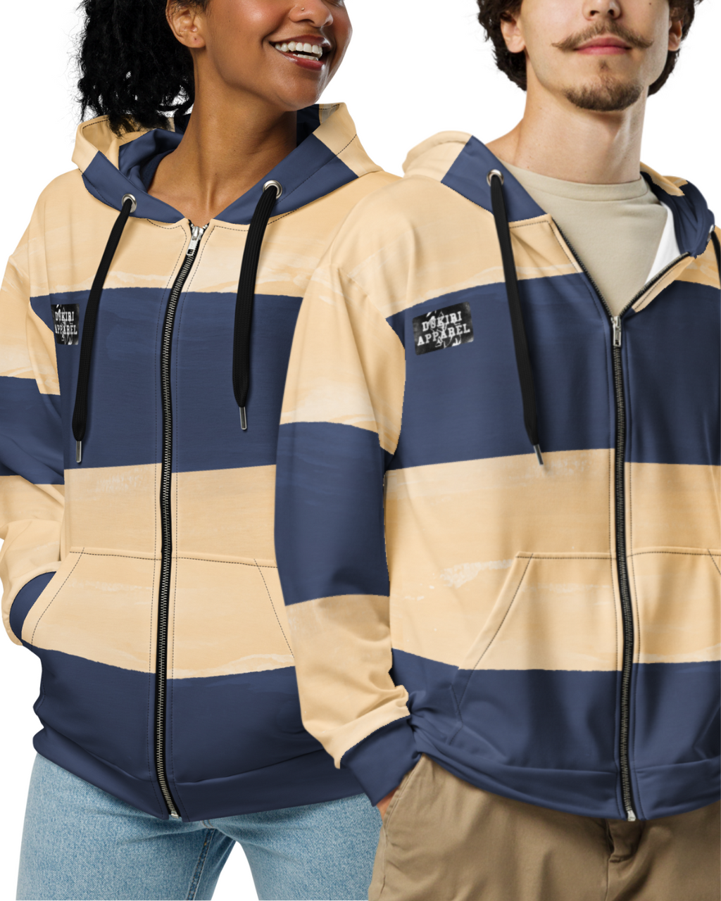 Brushed Blue-Cream Panel Unisex Premium Zip-up hoodie for a streetwear aesthetic