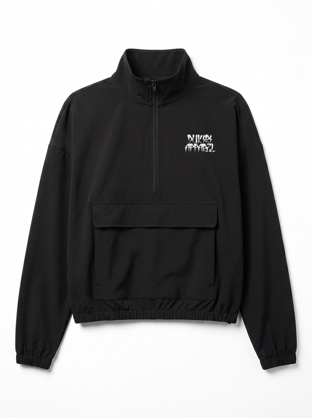 A black half-zip pullover jacket with a stand collar, a front flap pocket, and a small white dukiri apparel graphic logo on the left chest, displayed against a plain white background.