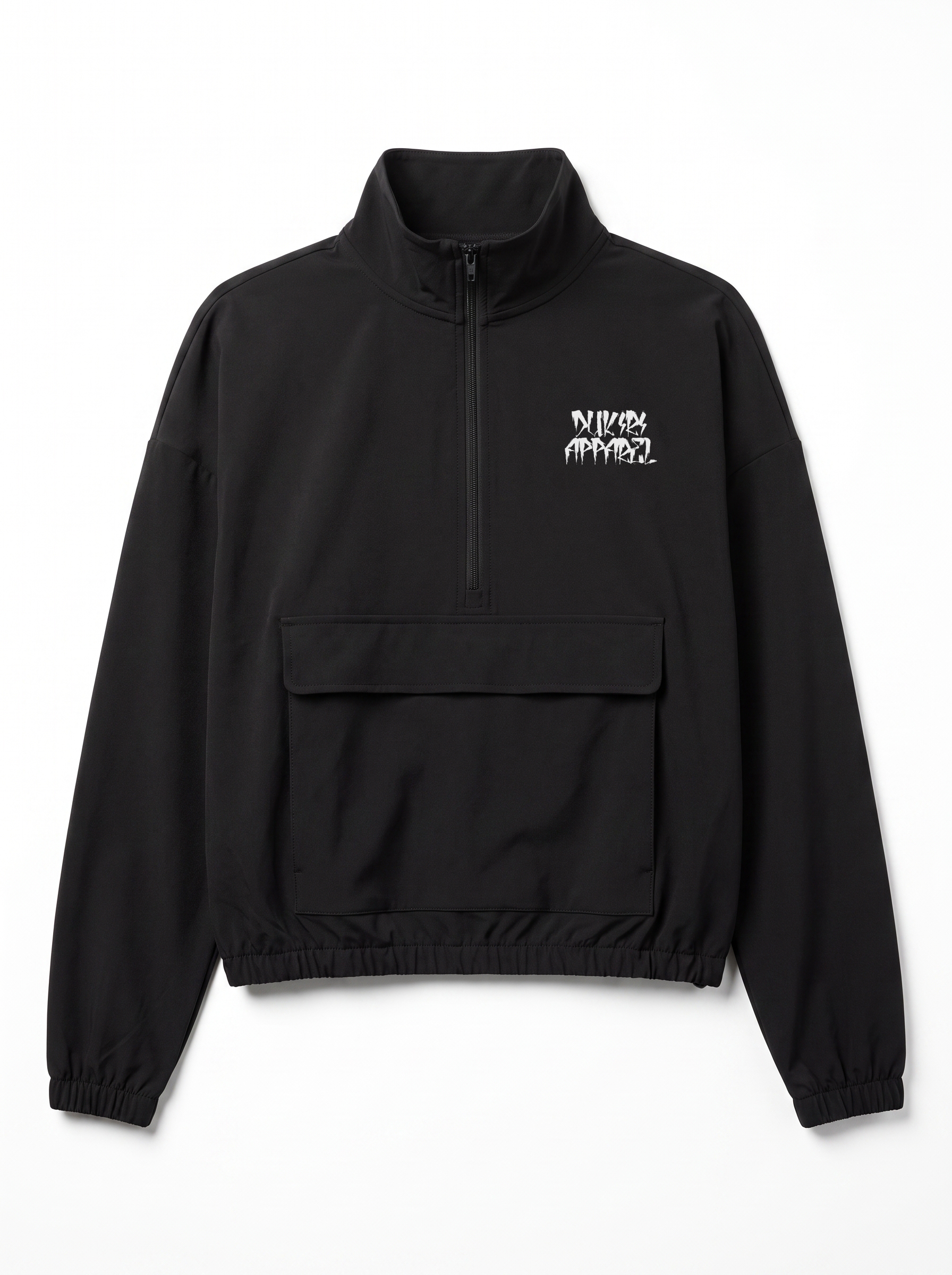 A black half-zip pullover jacket with a stand collar, a front flap pocket, and a small white dukiri apparel graphic logo on the left chest, displayed against a plain white background.