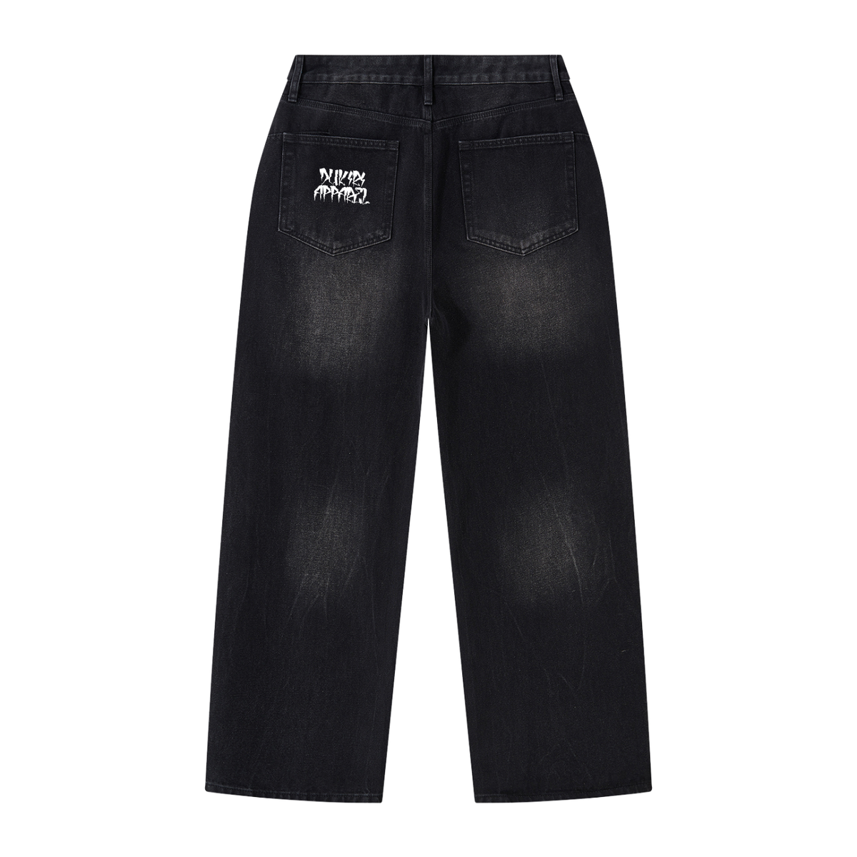 Black washed denim jeans shown from the back, featuring a white embroidered graphic on the right pocket that reads 'MURDER ANYSPY'.