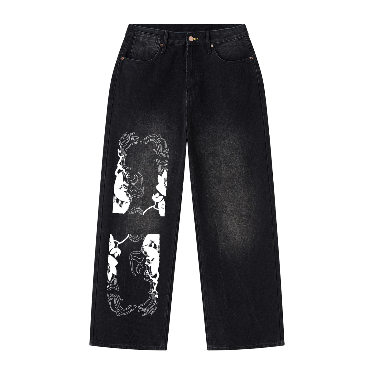 Black washed denim jeans with white graphic print panels on the left leg, displayed flat against a solid white background.