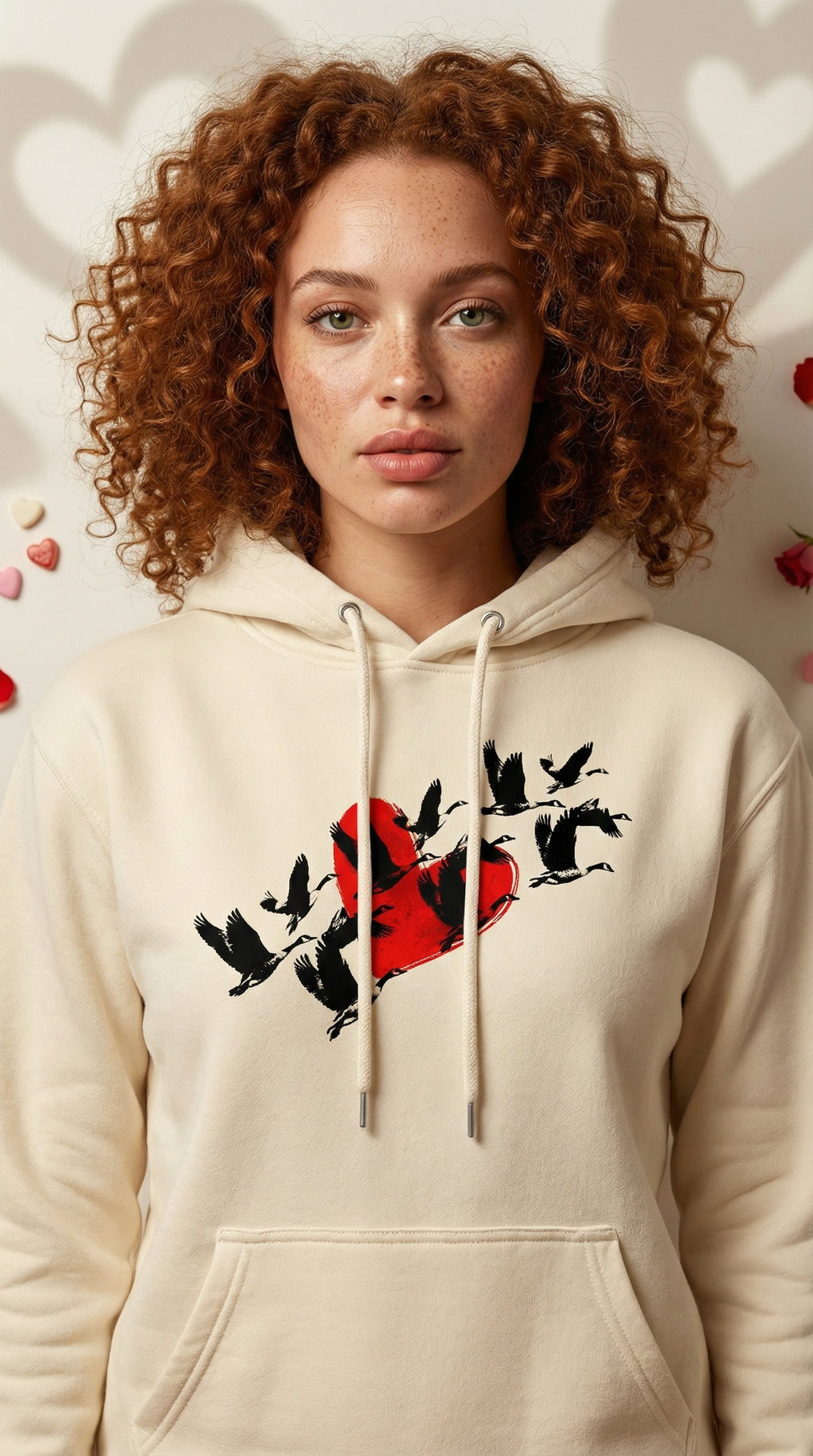 Person wearing a cream hoodie with a red heart and black birds design, surrounded by heart-shaped petals.