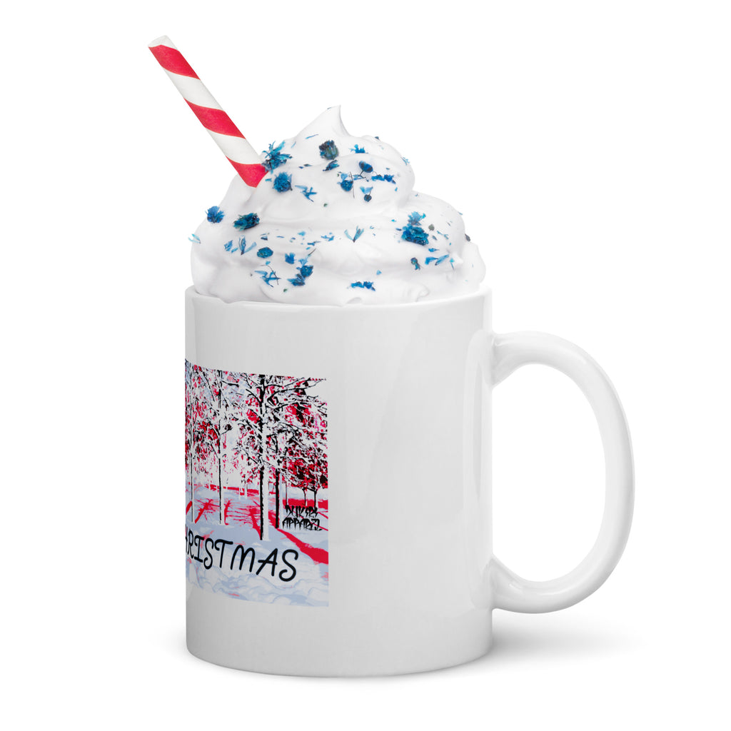 White mug with festive design, whipped cream, and a straw on a white background