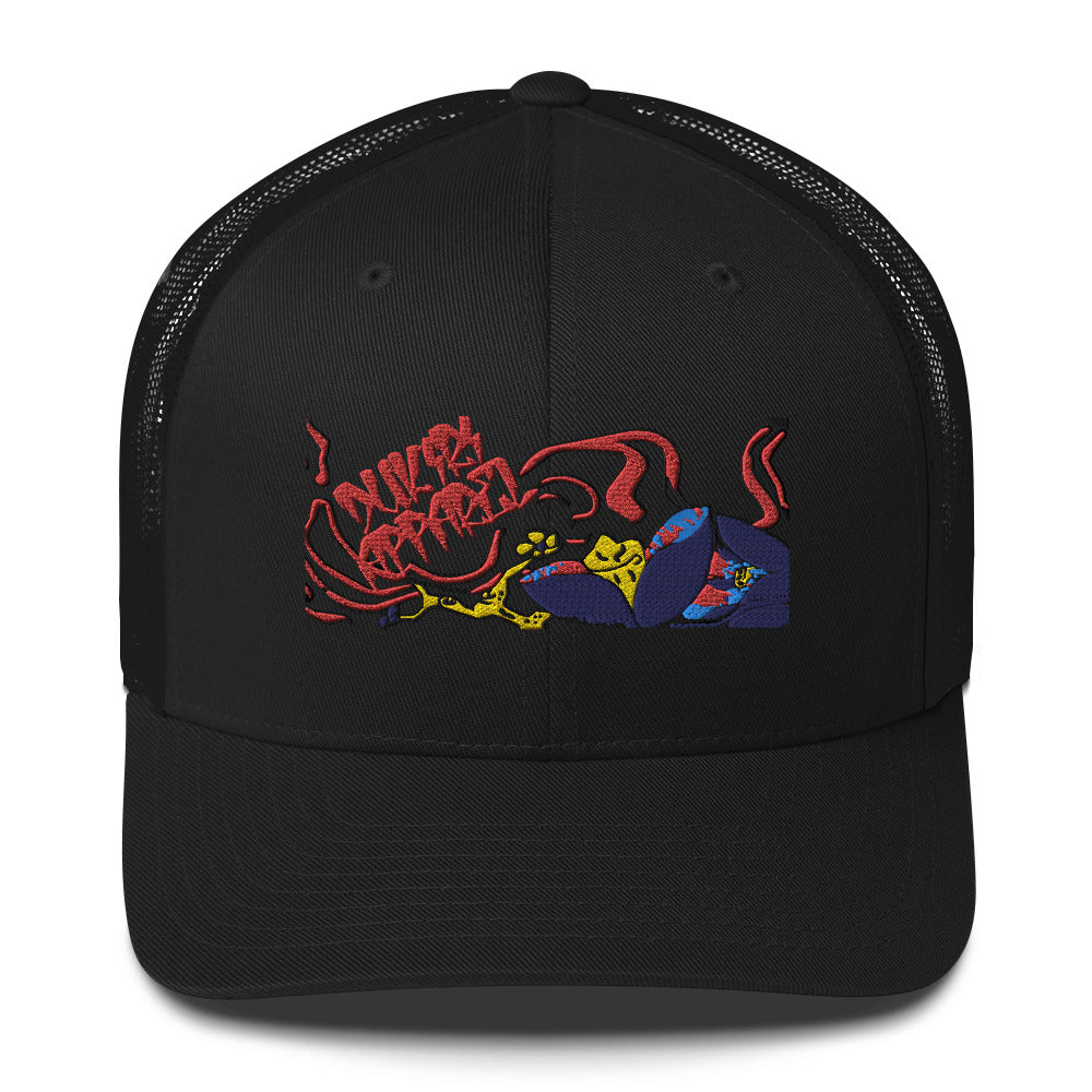 A black trucker cap with a low-profile embroidery area featuring a colorful graphic design.